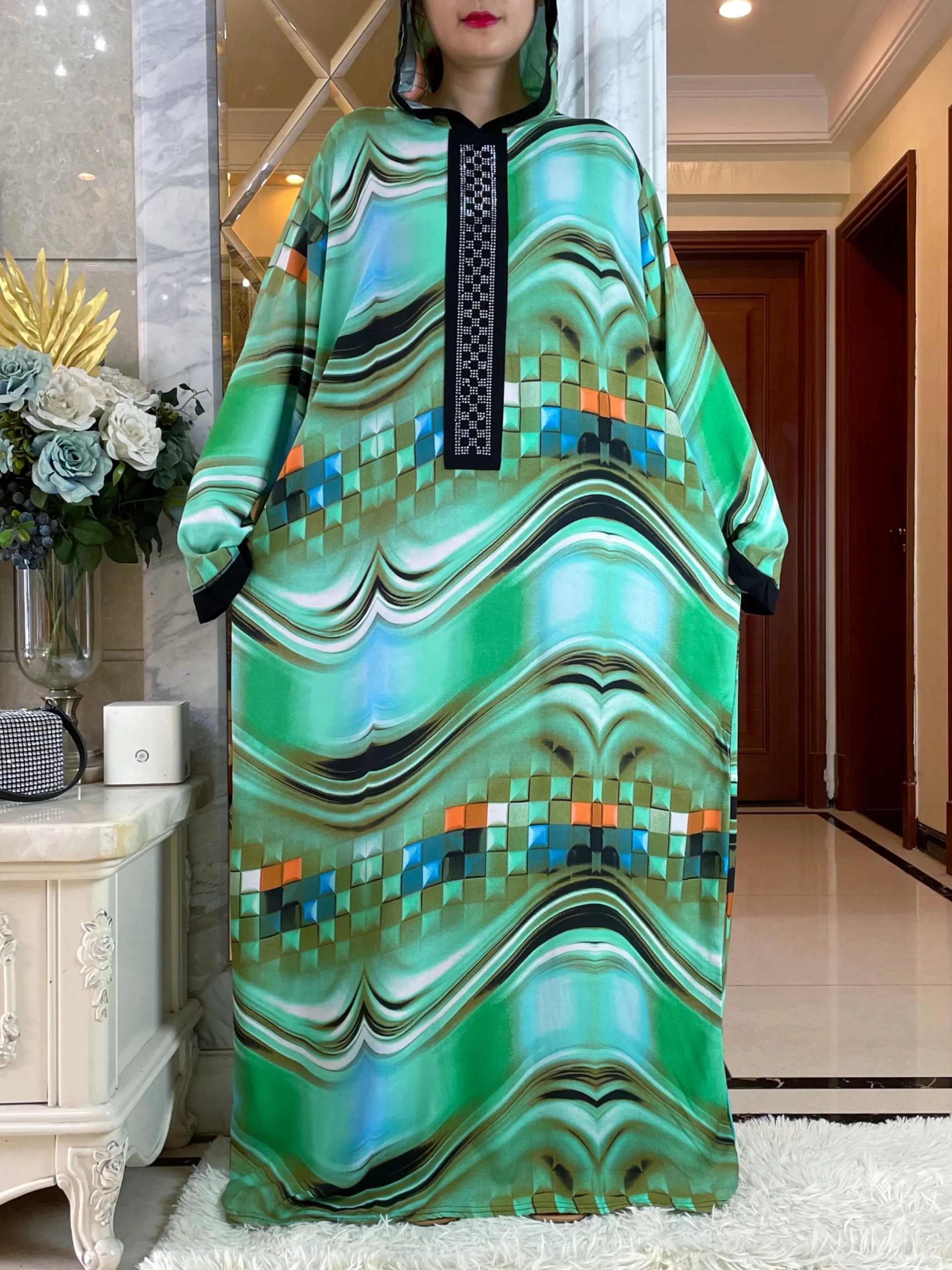 2023Latest Dubai Long Sleeve African Women Dress Hat one piece Printing Cotton Elegant Summer Maxi Casual
