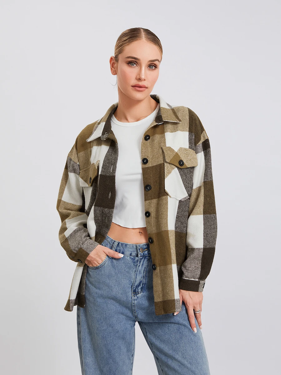 

Women s Plaid Jackets Casual Long Sleeve Button Down Shacket Fall Shirt Coats with Pockets