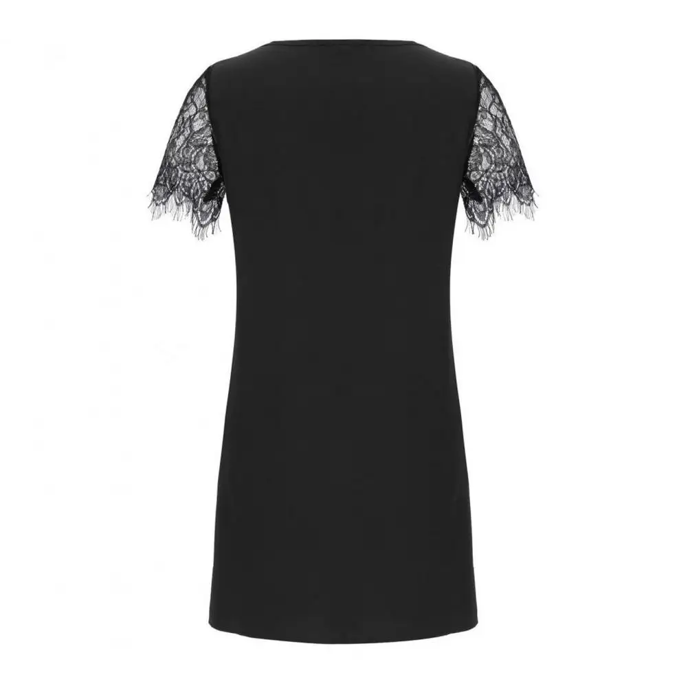 

Solid Color Dress Lace Detail Dress Elegant V Neck Sequin Lace Mini Dress for Women Soft Solid Color Short Sleeves for Office