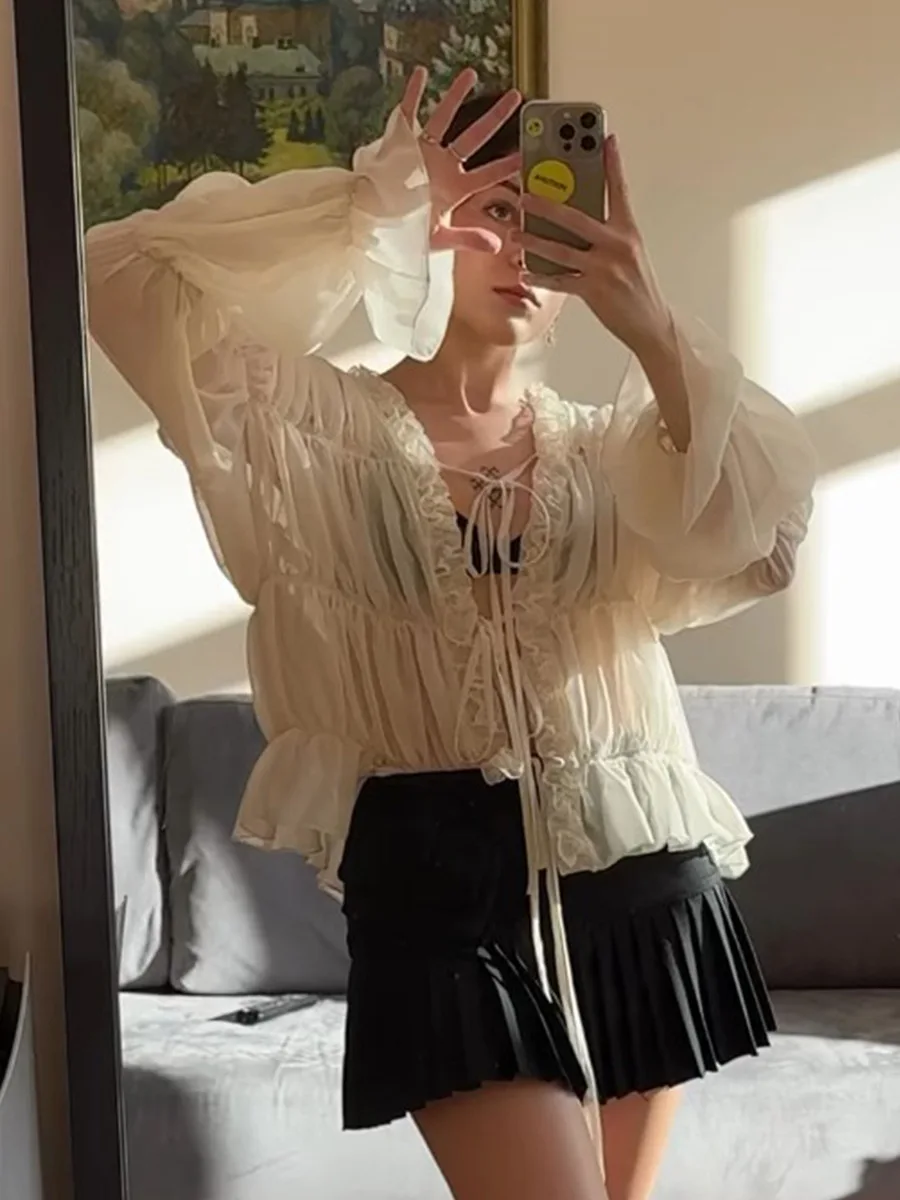 Bornladies 2026 Spring Summer New Women's Ruched Sheer Blouse Solid Color Ruched Ruffle Lace-Up Drape Tie-Front Blouse