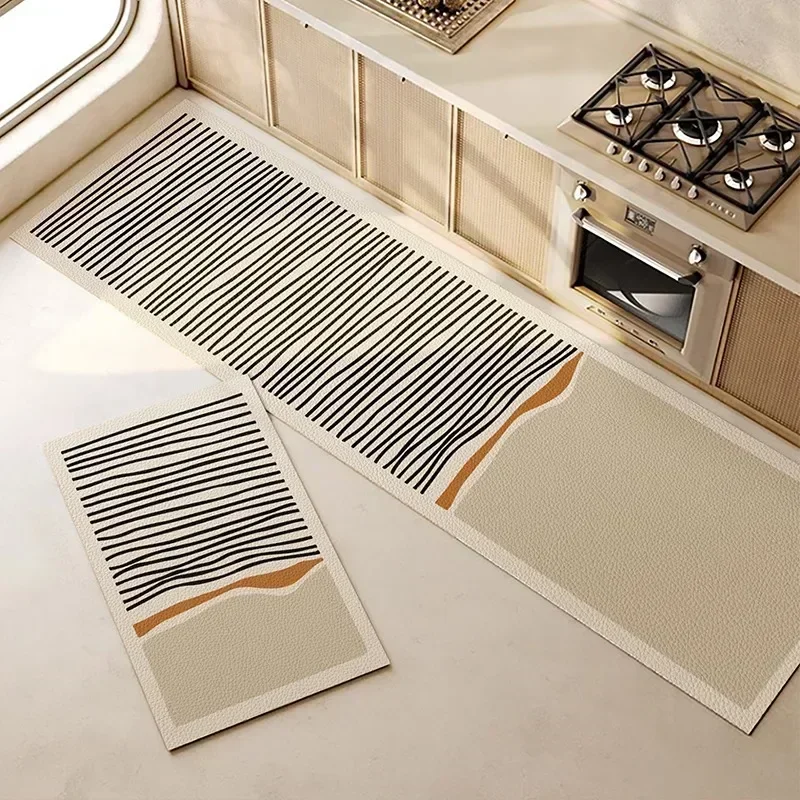 Kitchen Floor Mat PVC Waterproof Anti-slip Long Carpet Leather Oil-proof Foot Mats Japanese Style Home Decoration Brown Rugs 3