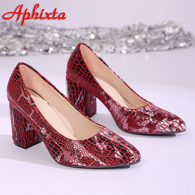 Aphixta 2026 New Women Square Heel Pumps Fashion Personality Pointed Toe Wine Red Snake Pattern Official Shoes