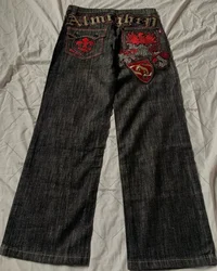 American street vintage style monogram embroidered jeans Men y2k Goth punk Harajuku fashion couple baggy broadfoot pants