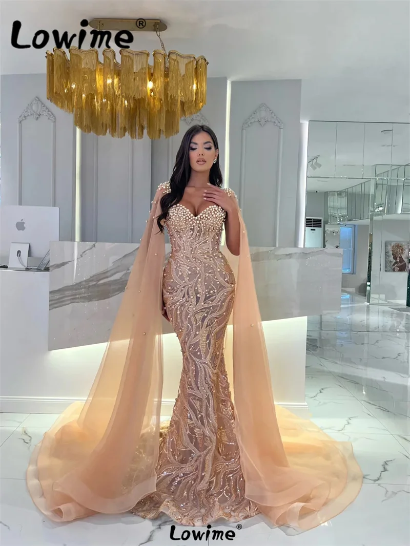 Deep Champagne Beaded Cape Sleeves Evening Dresses Arabic Aso Ebi Party Engagement Dress For Weddings Prom Gowns Robe De Soiree