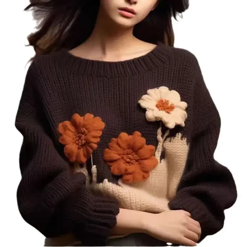 

Autumn and winter new loose lazy style heavy three-dimensional flowers jumper female Meilad curry knit sweater top 2024