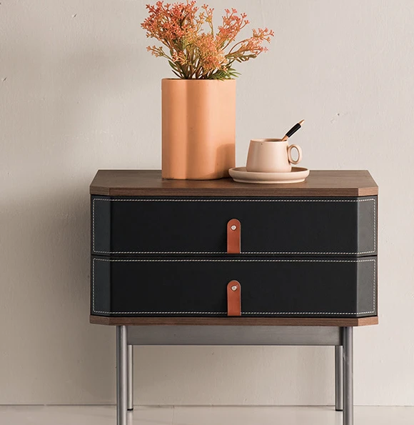 

Italian minimalist bedside table modern luxury designer bedroom walnut horse saddle leather