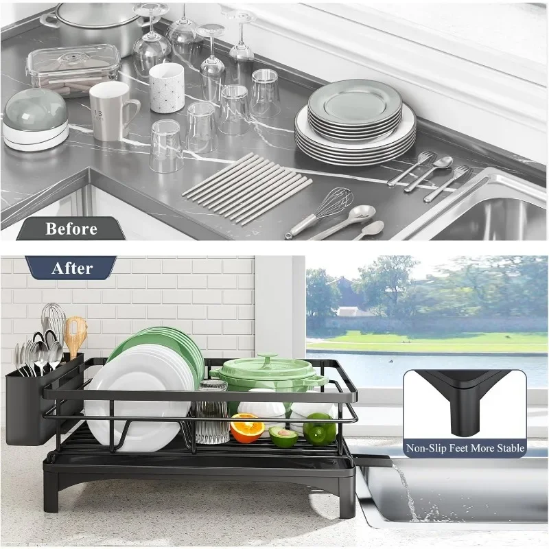 Dish Drying Rack-Stainless Steel Dish Rack for Kitchen Counter, Large-Capacity Drainer with Cutlery Holder, Kitchen
