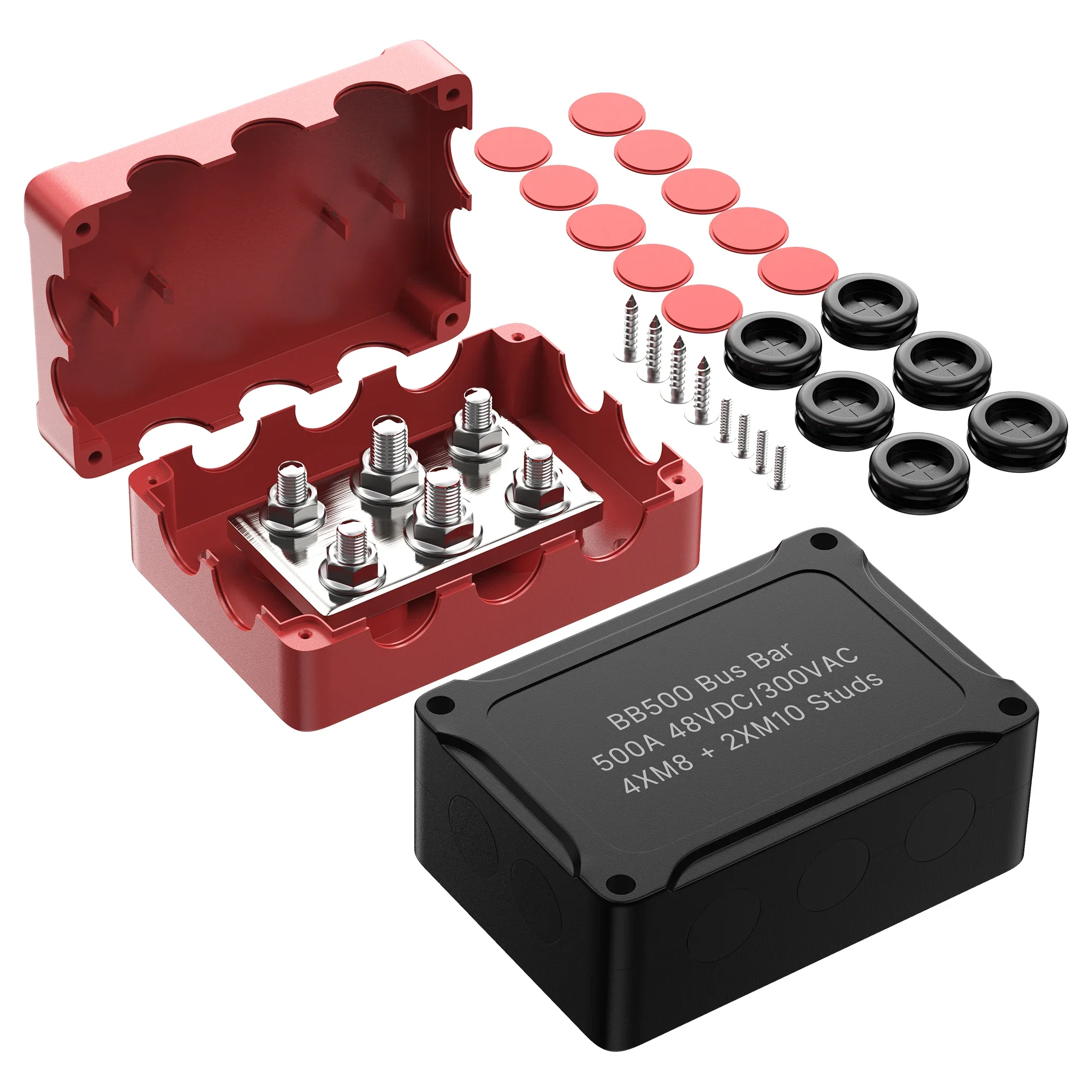 

500A 48V Big Current Terminal Block Copper Black/Red Marine Busbar 6 Studs Screw Terminal Block Connector With Rubber Gasket