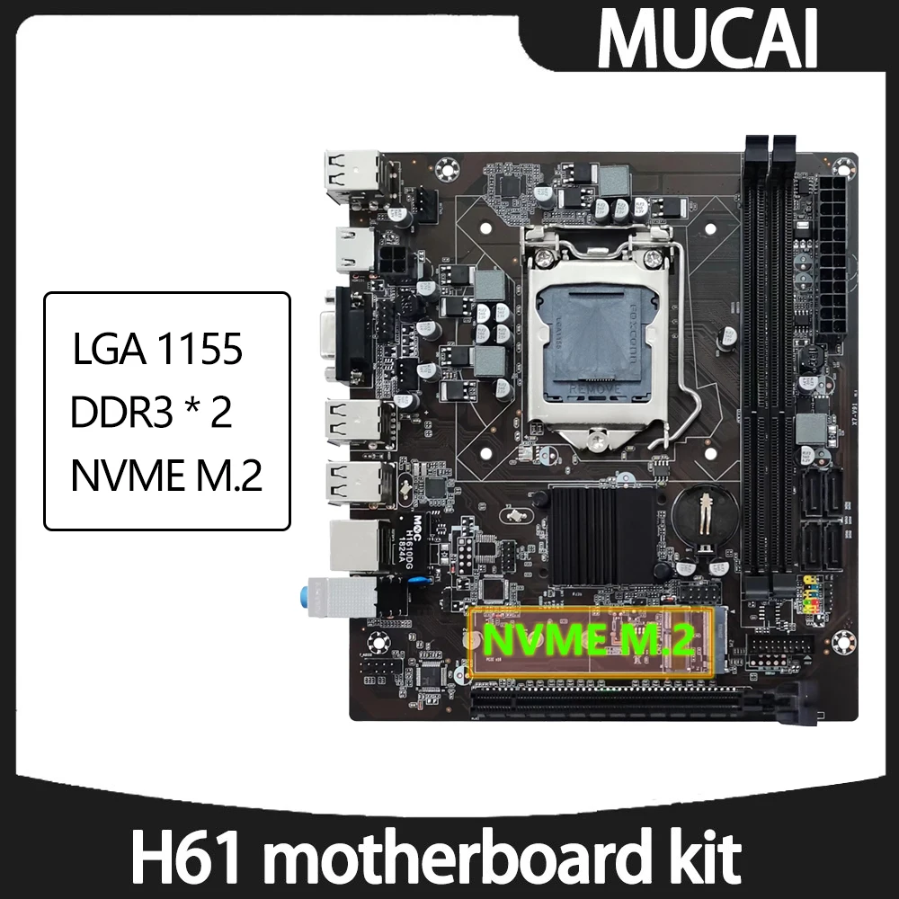  MUCAI H61 Motherboard LGA 1155 Kit Compatible With Intel Core CPUs 2nd And 3rd Generations Supports M.2 NVME SDD 