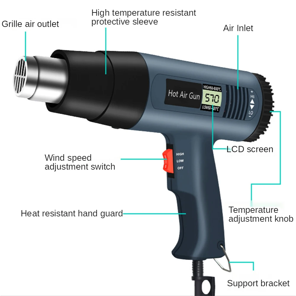 2000w industrielle elektrische Heißluft pistole Digital anzeige Auto Film Heißluft pistole Luft trockner zum Löten von Thermo gebläse Schrumpf folie