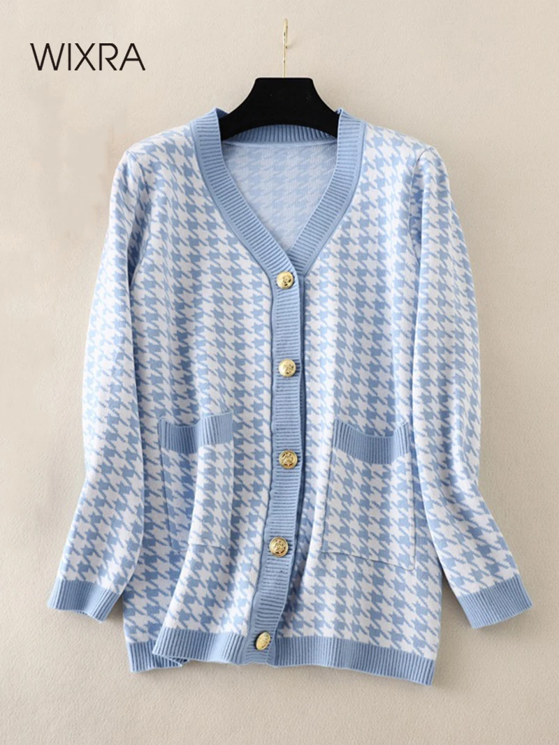 

Wixra Women Knitted Cardigan Houndstooth Print Patchwork Sweater Single Breasted Stylish Casual Tops Female Autumn Knitwear