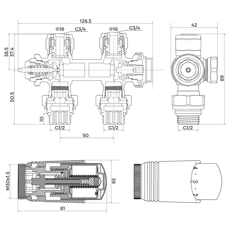 Multiblock Radiator Center Connection Valve Fittings Set Radiator Center Connection