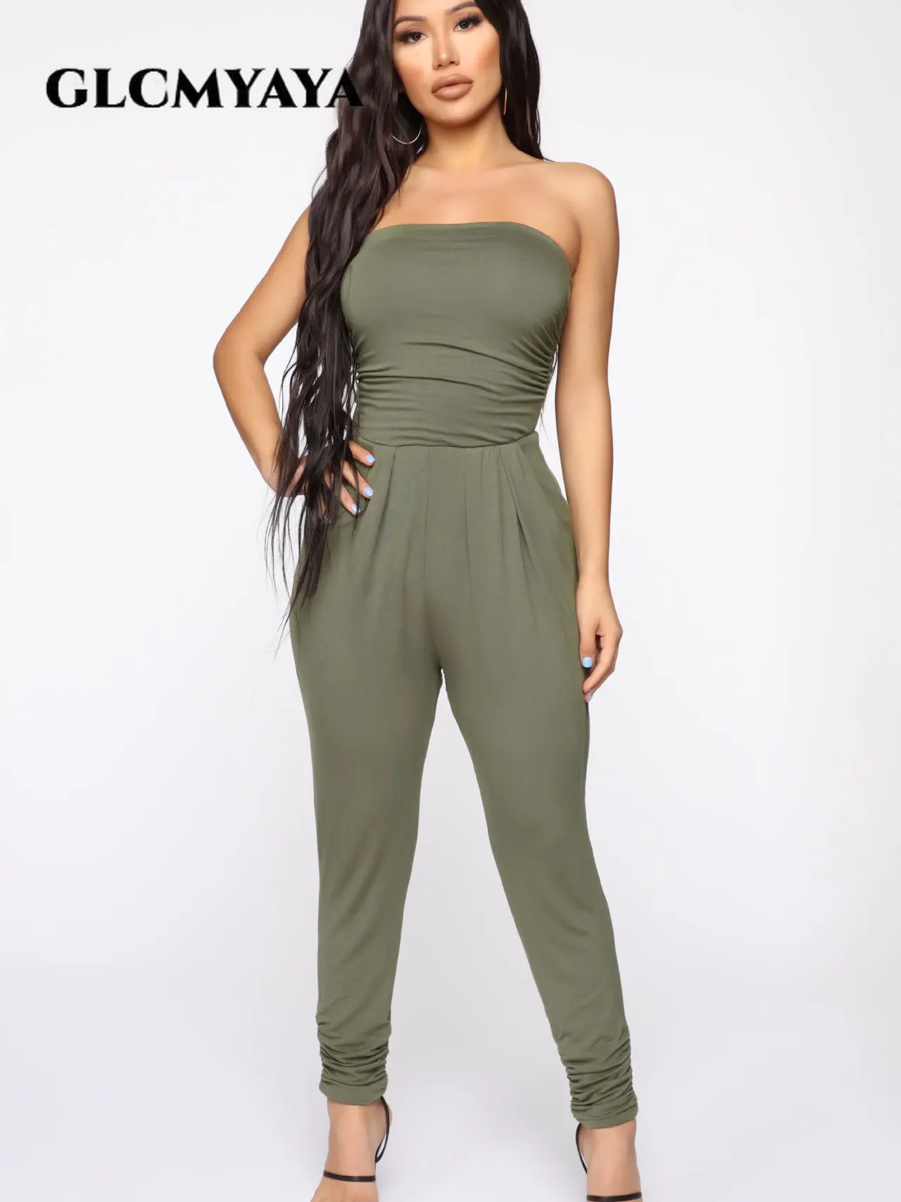 

GLCMYAYA Women Vintage Strapless Ruched High Waist Sleeveless Jumpsuit Female Sexy Party Casual Street One-piece Suit Romper