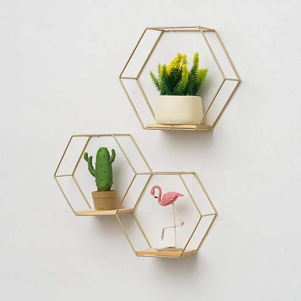 Soporte de hierro Hexagonal doble de estilo nórdico negro/dorado, maceta pequeña, estante de pared, decoración de pared, soporte de almacenamiento, Decror