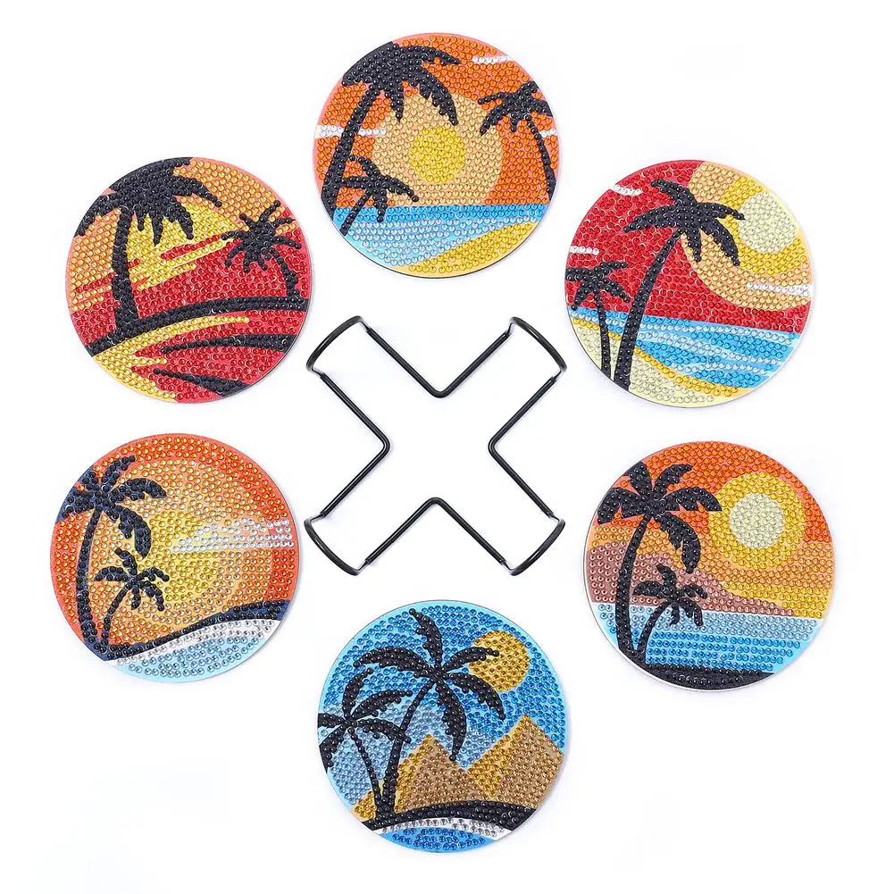 

6pcs Coconut Tree Diamond Painting Coasters Kits With Holder Heat Insulation Diamond Painting Craft Supplies