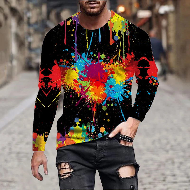 Mens Long Sleeve Tie Dye T Shirt Casual Streetwear