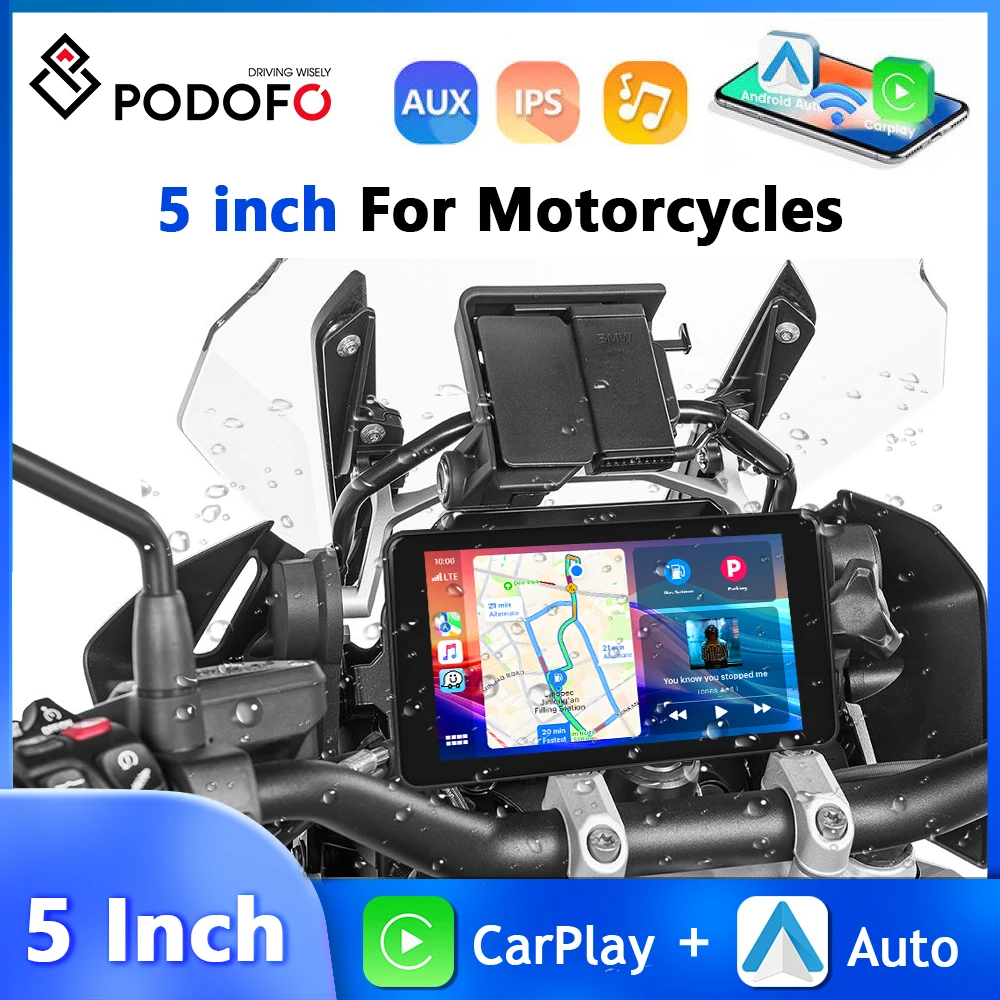 Podofo 5inch Motorcycle Carplay Touch Screen Smart Screen Player Android Auto IP65 Waterproof Bluetooth Type-c Motor Carplay