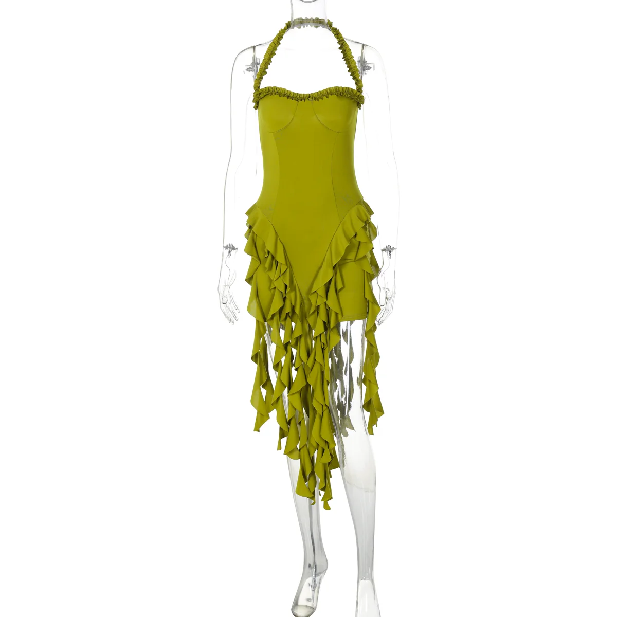 Halter Mini Dress - Womens Ruffled Patchwork Party Outfit