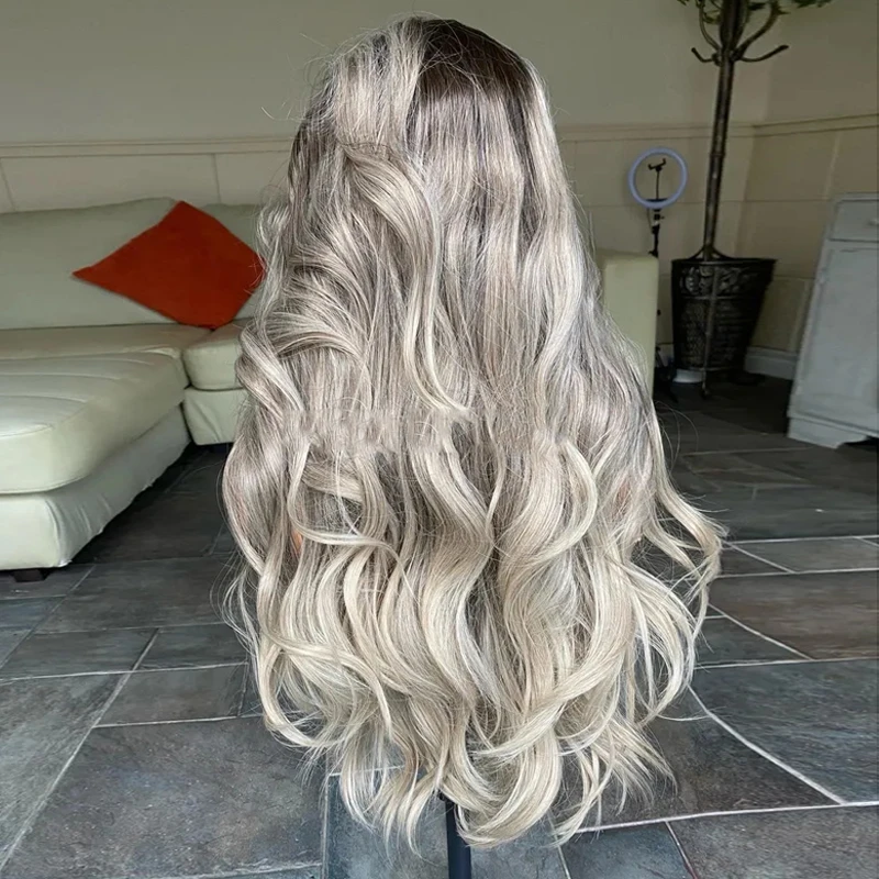 Dark Ash Blonde Grey Highlights Synthetic Blended Wigs 28 inches Long Body Wave Wig Ombre Dark Roots Lightwight Ladies Wig