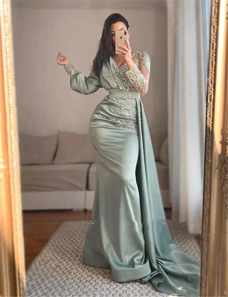 

Elegant Muslim Blue Green Mermaid Evening Dresses V-Neck Decal beading Long Sleeves Satin Prom Gowns Party Dresses for Women