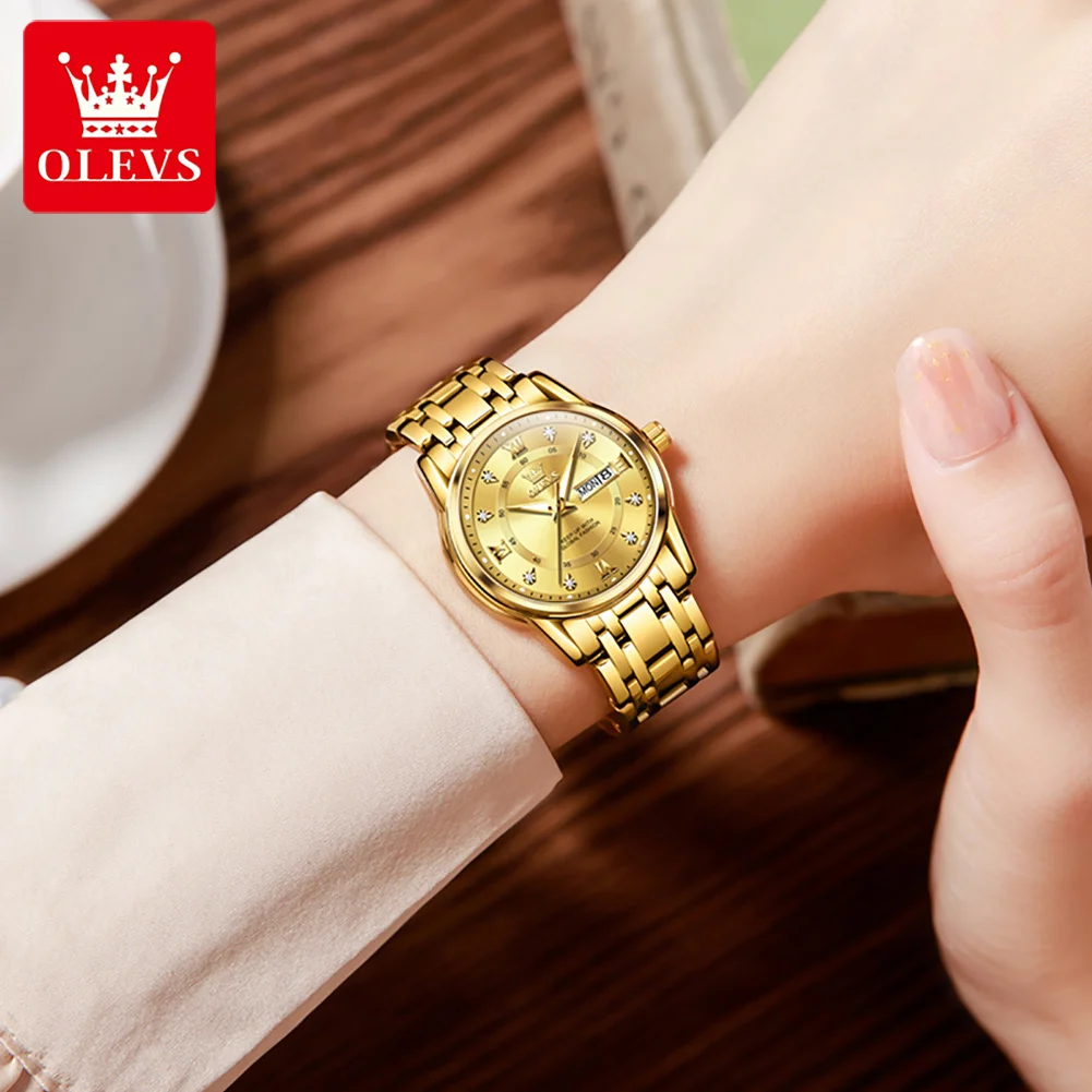 Relógio de quartzo feminino de aço inoxidável da moda, luxuoso, com calendário duplo, luminoso, à prova d'água, elegante para mulheres_voghion.com