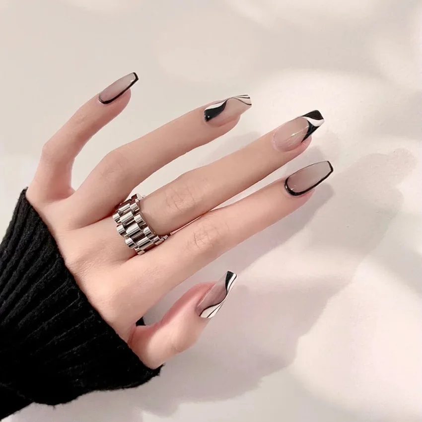 SwirlLineFrenchPressonNailsLongFakeCoffinWhiteBlackFull