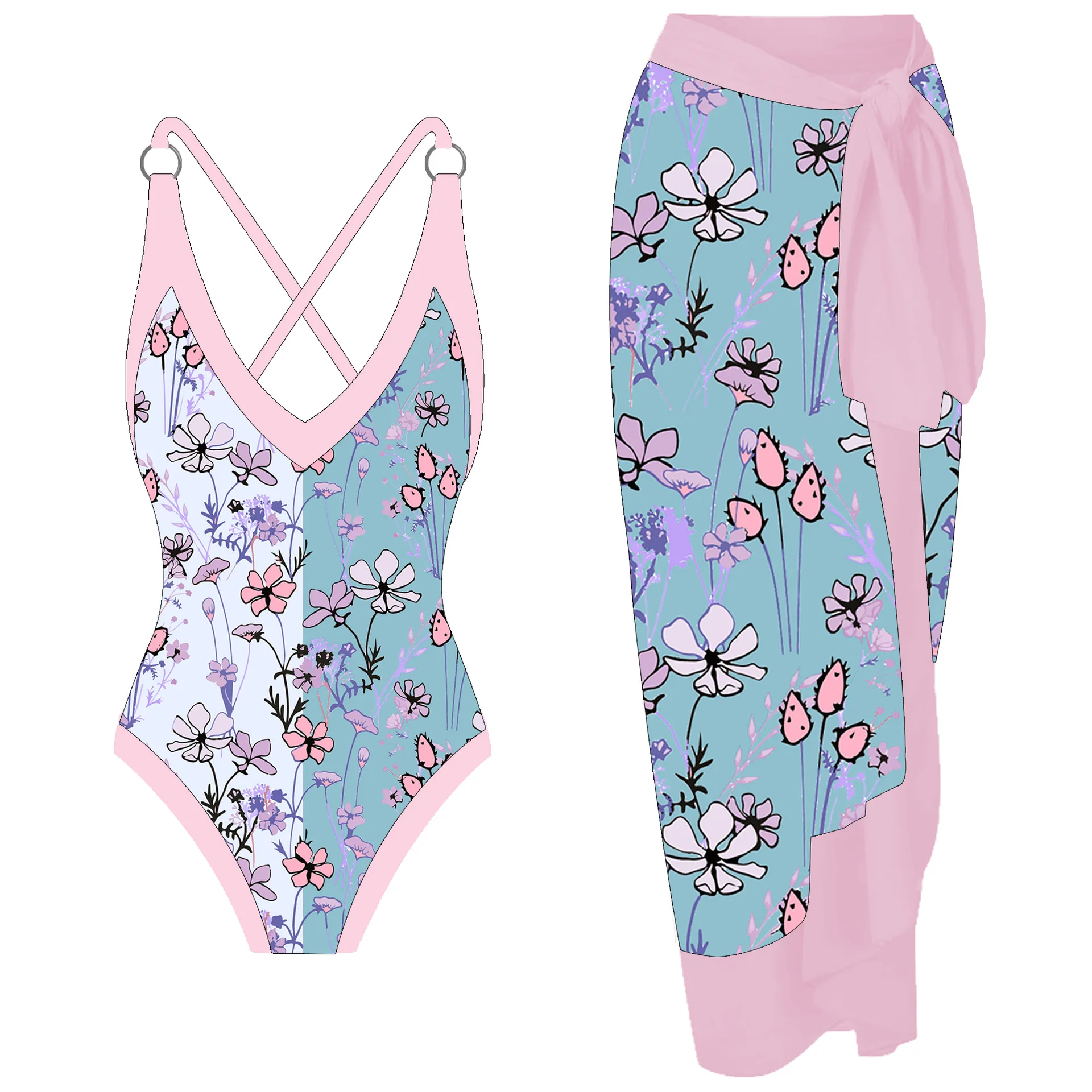 

Printed Backless 2023 Two-Piece Suits Swimwear And Cover Up High Waist Cut Seamless Panel V-Neck Swimsuit String Strap Beachwear