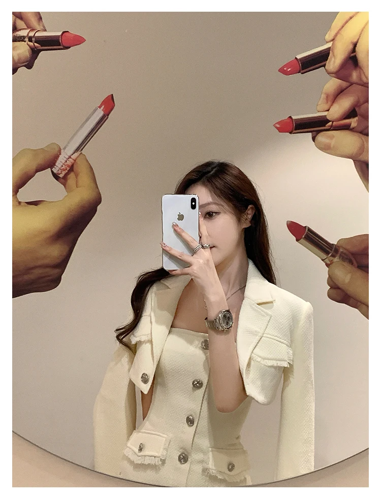 Elegant Autumn New Tweed Two-piece Set Women Long Sleeve Short Jacket Strapless Bodycon Mini Dress Korean Fashion Luxury Outfits