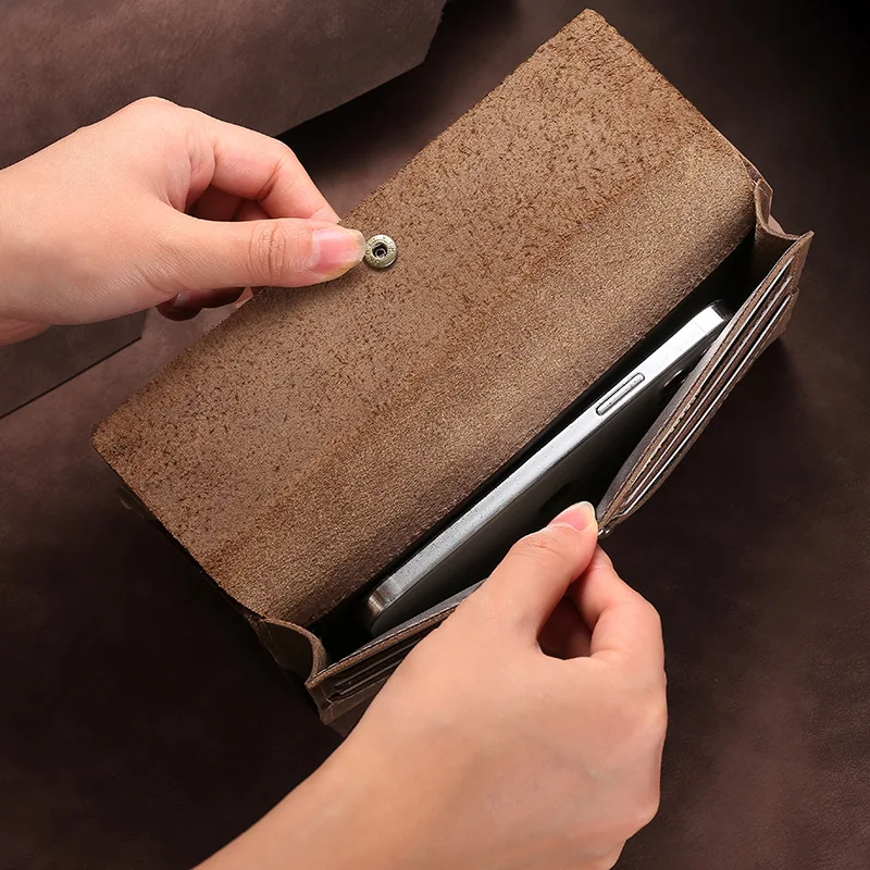 Retro Crazy Horse Leather Long Triple Fold Wallet Can Hold Mobile Phone Leather Holding Men's Card Bag Multi-card Simple Clutch