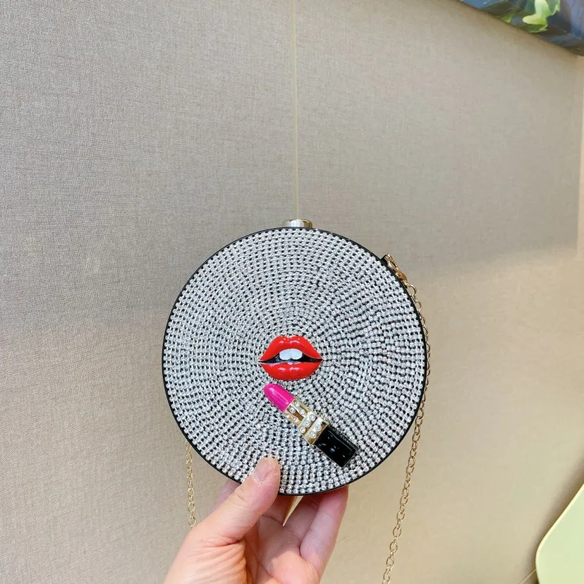 

Trendy 2024 Korean Acrylic Lipstick Shoulder Bag with Water Drill Chain Small Round Crossbody Bag
