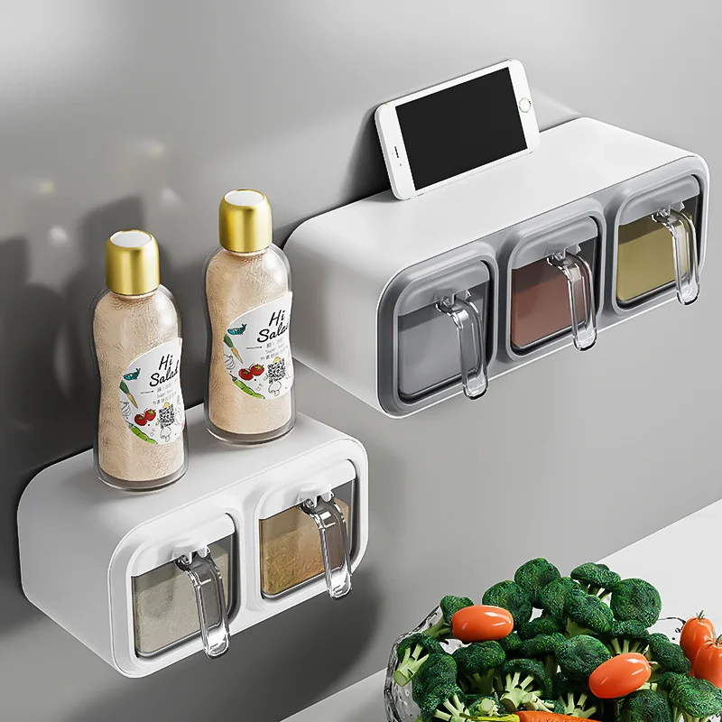 Wall Mount Spice Rack Organizer Sugar Bowl Salt Shaker Seasoning Container Kitchen Supplies Storage Set Spice Boxes_voghion.com