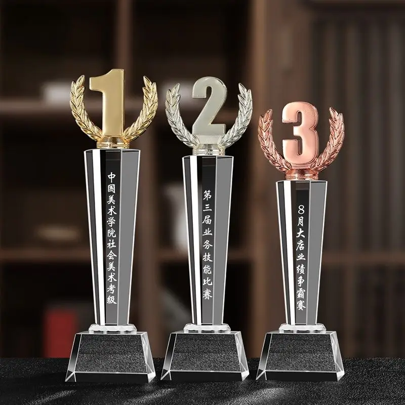 

Customized Crystal Trophy Award, Sports Trofeo Reward Home Decor Gold, silver, copper 123, Anniversary Medals Commemoration, 1Pc