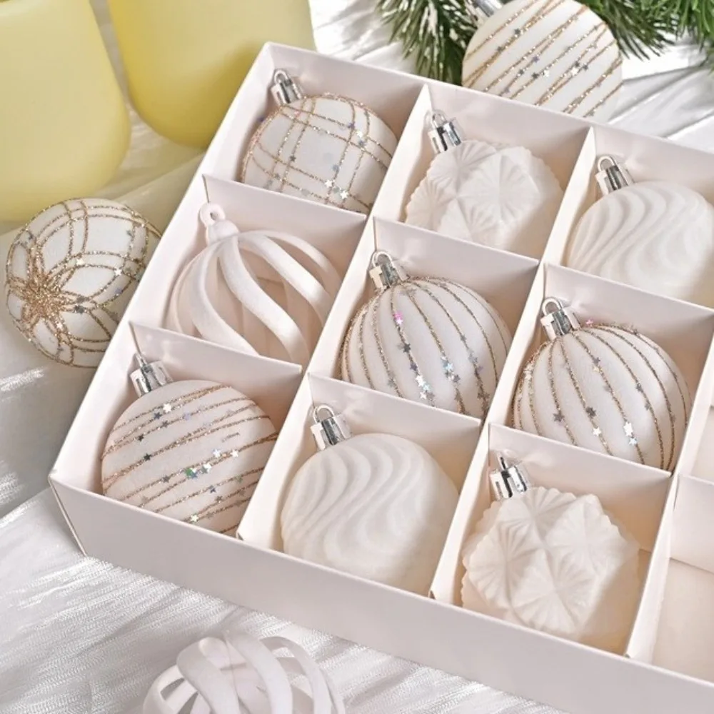 12pcs 6cm Christmas Hanging Ball Hand-Painted Flocking Velvet Spheres Pendant Plastic Wine Red Christmas Ball Ornaments New Year