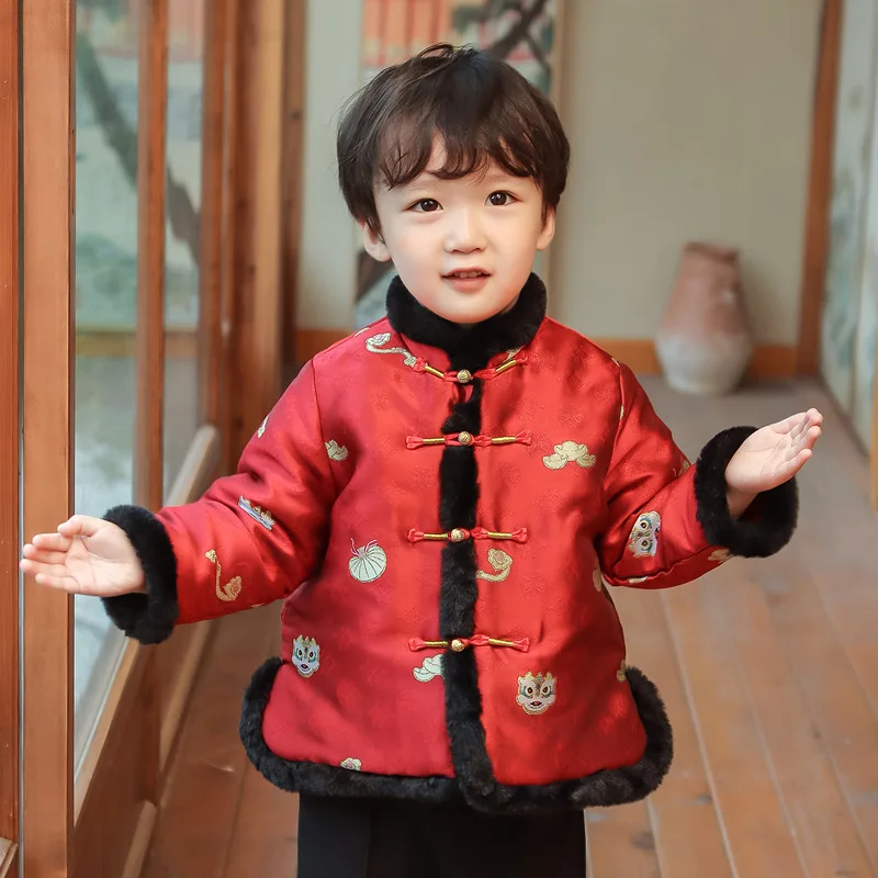 

Kids Tang Suit Tops Jacket Exquisite Red Embroidered Lion Yuanbao Coat Winter Thickened Shirt Chinese Style New Year Costume