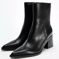 Chunky Heel Soft Leather Chelsea Boots Women Sexy Pointy Toe Side Zip Design Ankle Boots for Ladies Comfortable Women Shoes