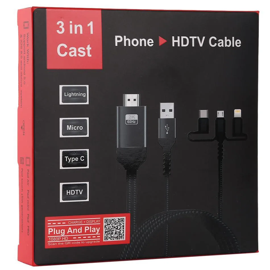3 in 1 Phone to HDMI Cable, Mirroring Cellphone Screen to TV