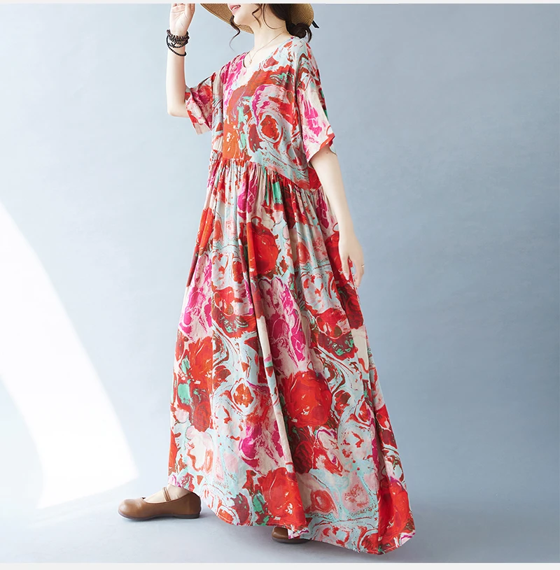 Vintage Boho Cotton Summer Dress - Casual Loose Print Holiday Dress for Women