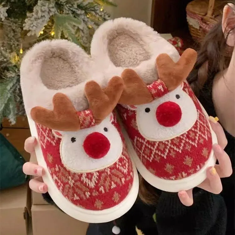 New Christmas Cotton Slippers For Women Cute Cartoon Deer Anti-slip Girls Indoor Home Floor Shoes Couple Fashion Party Slides 4