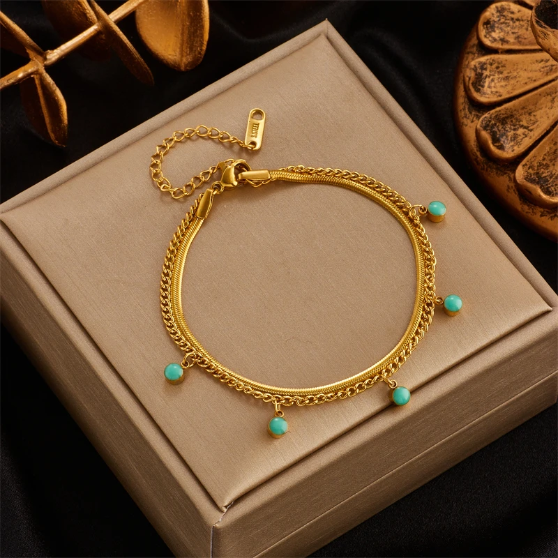 316 Stainless Steel Vintage Green Stone Heart Tassel Multilayer Charm Bracelet for Women Wedding Jewelry Beach брелок MEYRROYU Stainless Steel Bracelet Fashion Bracelet Fashion Jewelry