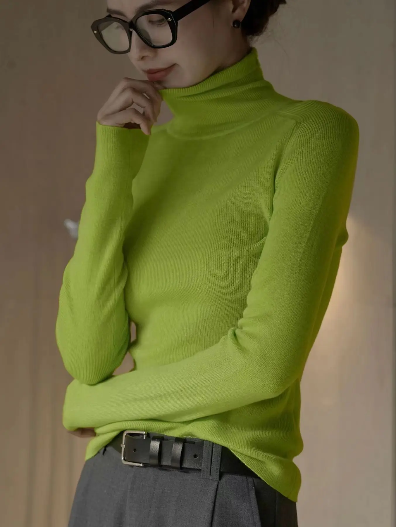 Women's High Neck Long Sleeve Wool Sweater, Slim Fit, Monochromatic, Casual, Autumn, Winter 5