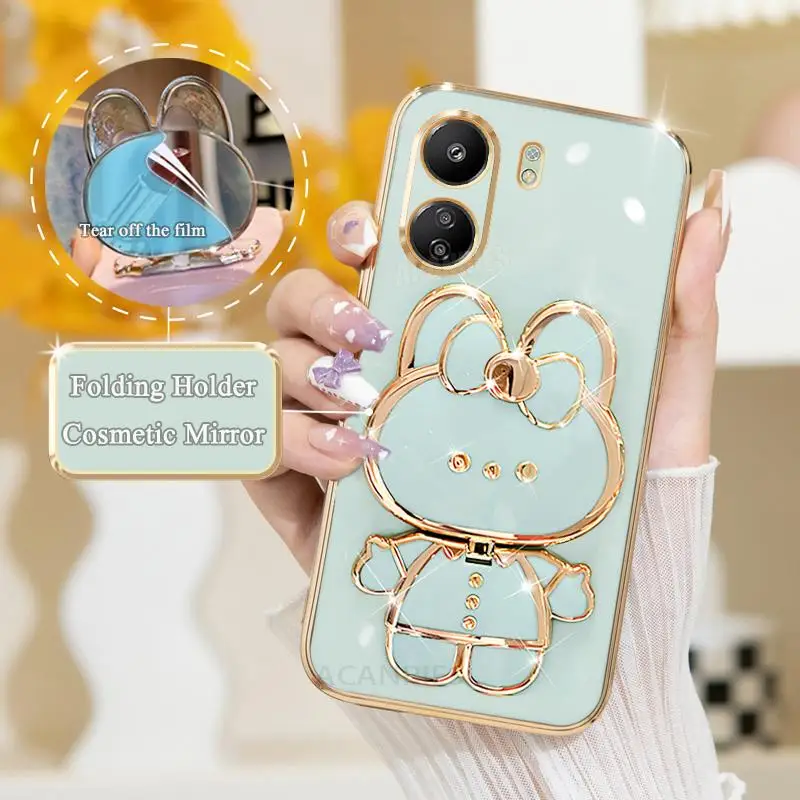Redmi13c Mirror Plating Fold Holder Case On For Xiaomi Redmi 13c 4g 12c 12 10 9 10a 10c 9a 9c 9t A1 A2 Plus Silicone Stand Cover