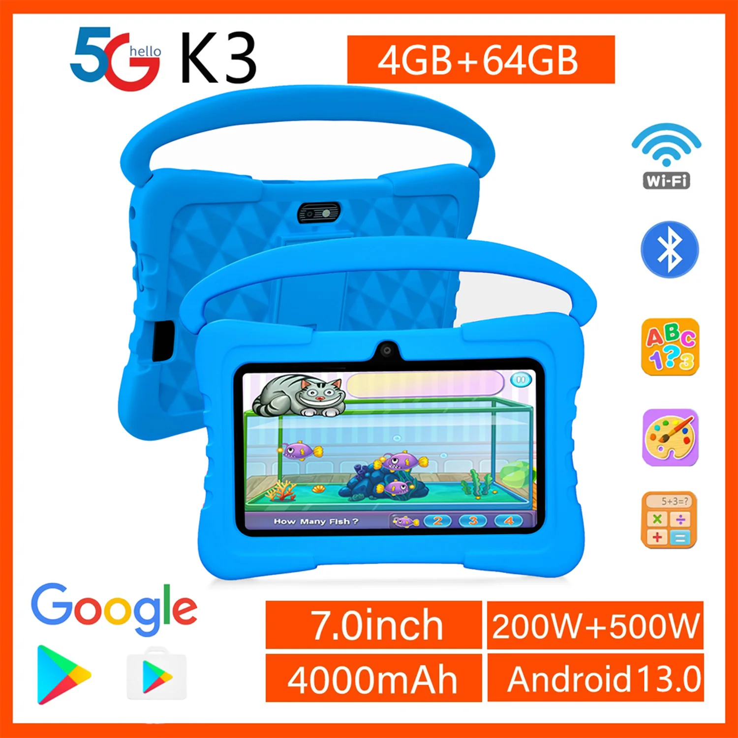 7 Inch Kids tablet for Children’s best Gifts Quad Core 4GB+64GB ROM Android Tablets Cartoon Portable Kids-Proof protective case