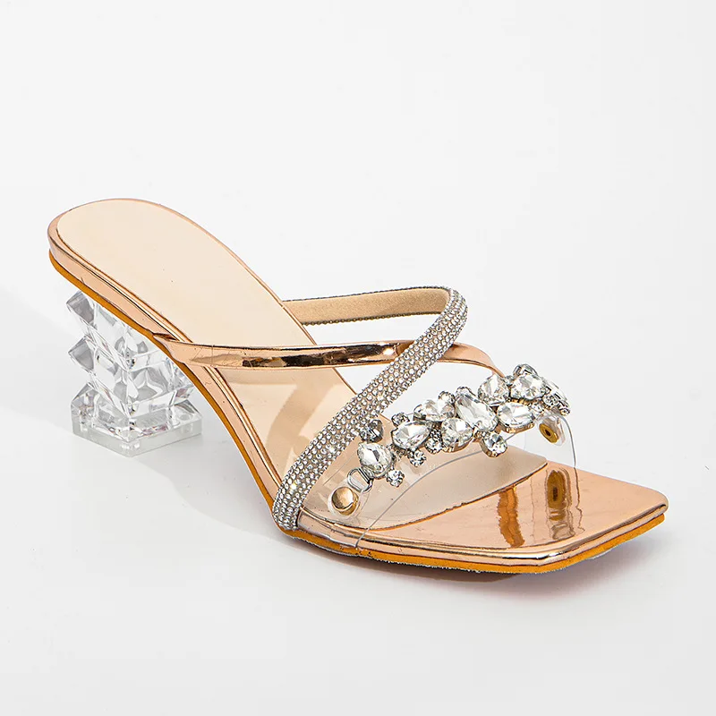 Women High Heels High Heeled Sandals Square Head Rhinestone Transparent Thick Heel Crisscross Zone Outdoors Slippers