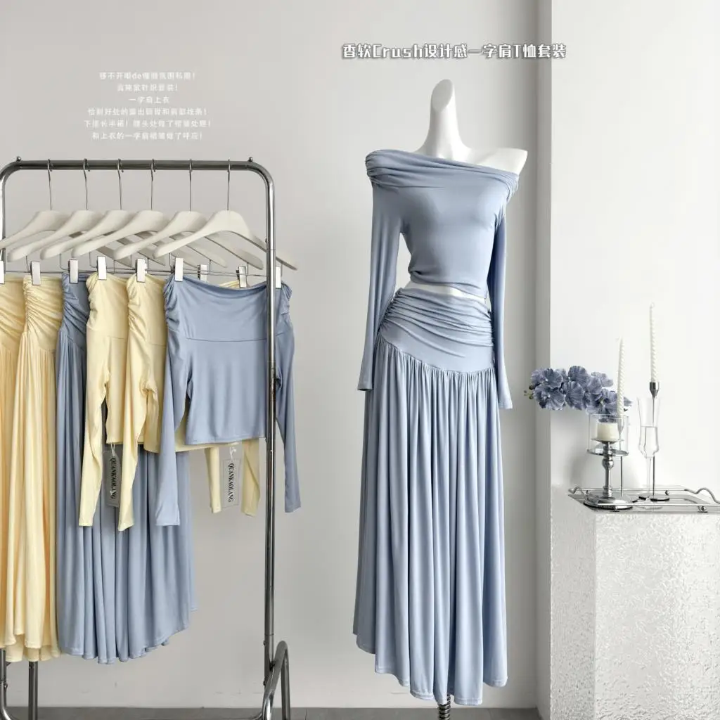 Autumn Women's Solid Two-piece Skirt Set Slash Neck Cropped Top High Waist Long Skirt Korean Fashion Ladies Outfits Streetwear