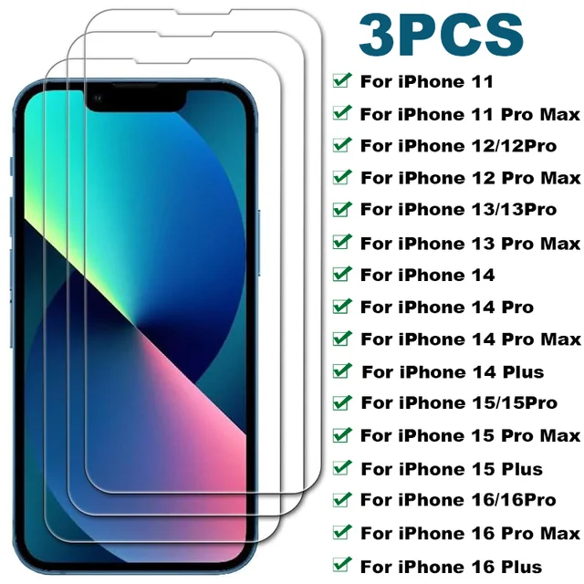 Verre de protection à couverture complète pour iPhone, protecteurs d'écran pour iPhone 15, 14, 13, 11, 12 Pro Max, 12 Mini, 16 Pro Max, 15 Plus, 3 pièces 1