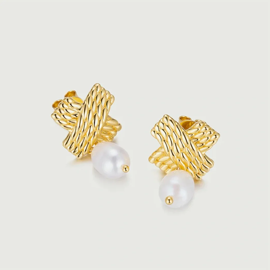 Vintage Striped Twisted Interweaving Geometric Dangle Earrings 18K Gold Plated Waterproof Pearl Cross Ear Stud Wed Jewelry Gifts