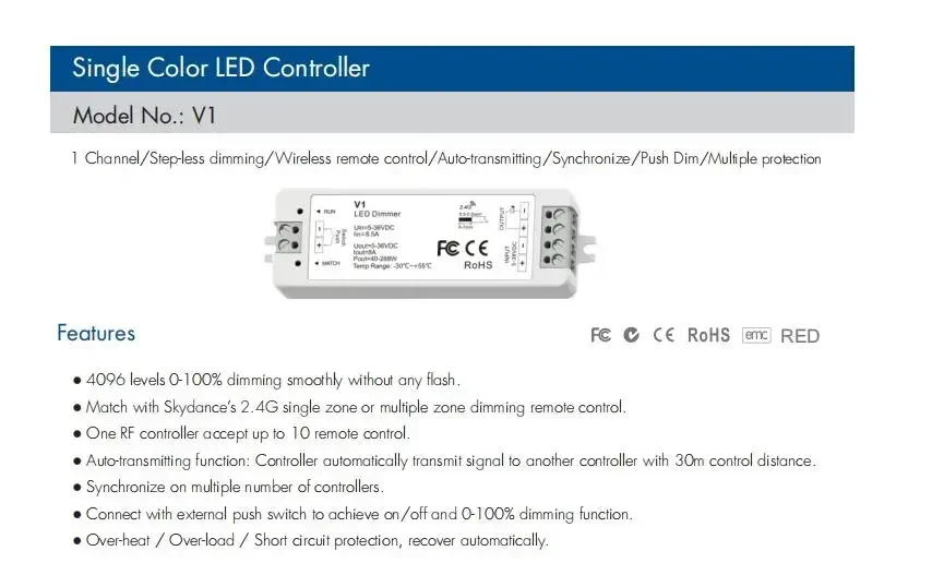 Description Picture 2 of itemV3 VP V5-M RGBW RGB+CCT RGB Controller 12V CV RF 2.4G For 1/2/3/4CH Led Strip Light DC12-24V V1 V2 Single Color CCT LED Dimmer