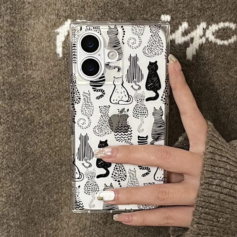 Cartoon Sketch Cats Pattern Right Angled Edge Case For iPhone 16 15 13 14 12 Pro Max Clear Phone Back Cover