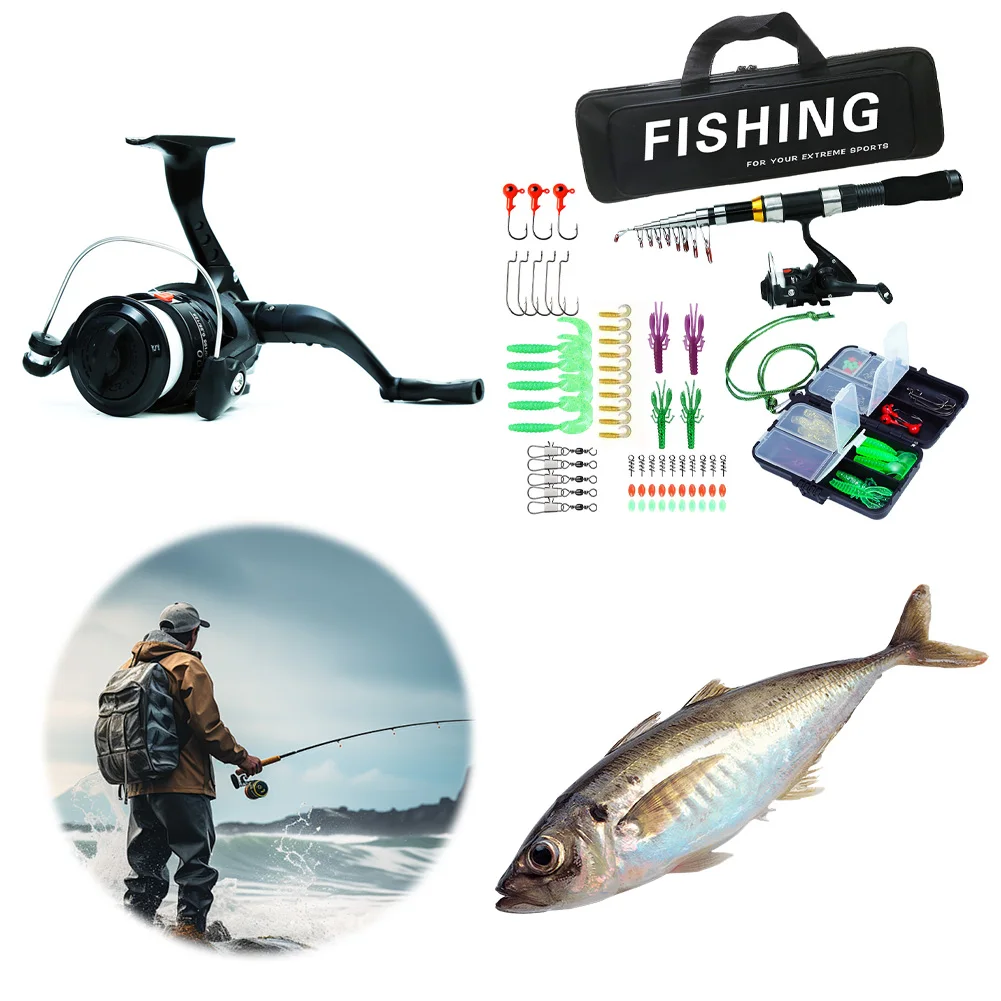 Fishing Pole Set Full Kits Telescopic Fishing Rod and Reel Combo Kit Soft Lures Hooks Fishing Bag Travel Pole Set Gifts for Men
