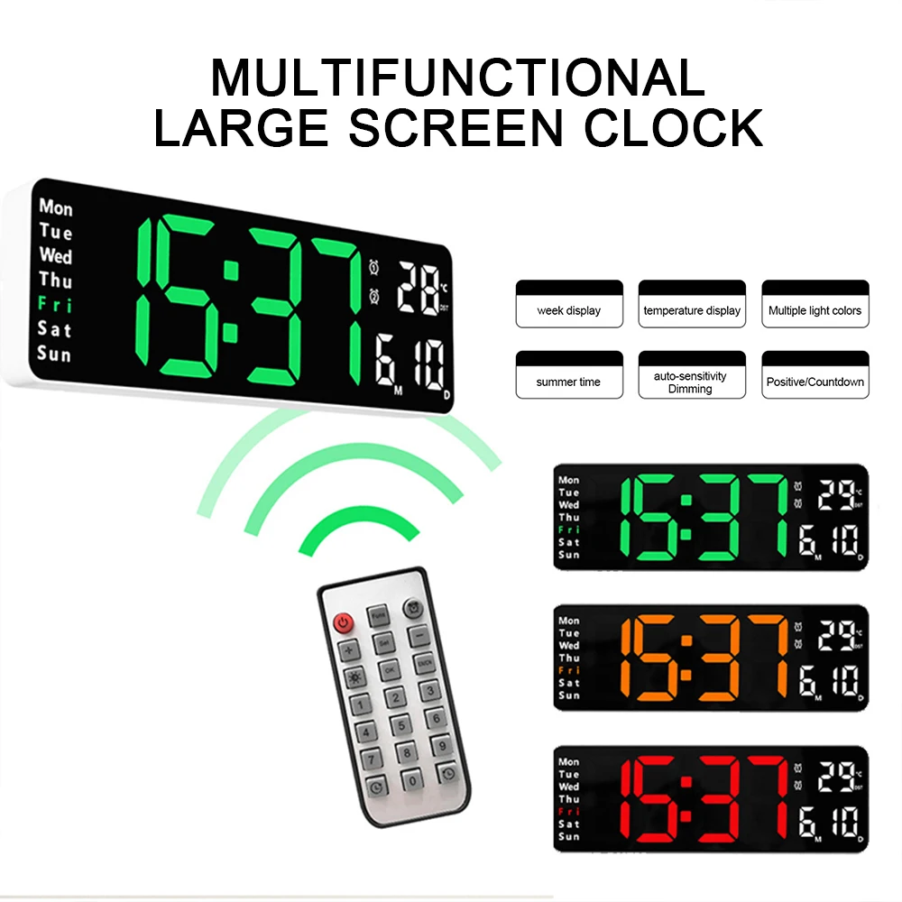 

13 Inch Large LED Digital Display Wall Clock Home Decoration Remote Control Temperature Time Date Week Power Off Memory Timer